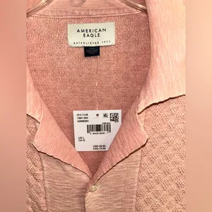 NWT! American Eagle Textured Knit Button Up Short Sleeve Shirt Coral/Pink, Large thumbnail 3