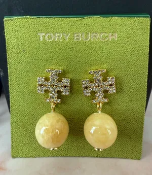 Tory Burch | Gold Plated & Pave Crystal Logo Earrings w/ Pale Yellow Drops thumbnail 1