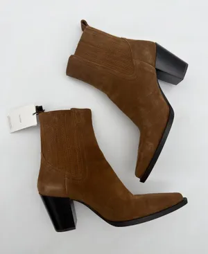 Mango Western Tobacco Cognac Brown Bovine Suede Leather Block Heel Boots 9.5 thumbnail 1