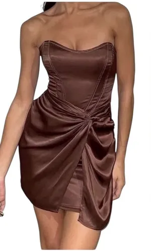 Zara Brown Satin Corset w/Mock Wrap Attached Skirt Sold Out Size Medium. H46 thumbnail 1