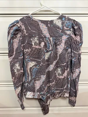 AFRM Pink, Blue & Gray Abstract Print Long-Sleeve Bodysuit thumbnail 3