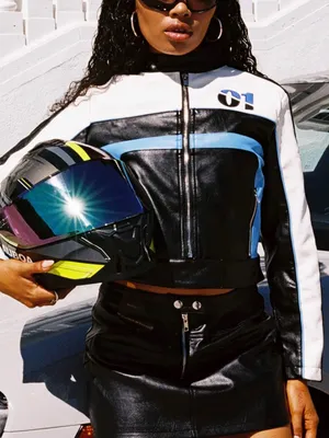 Princess Polly Aero Speed Racing Faux Leather Jacket in Blue White Black 6 thumbnail 5