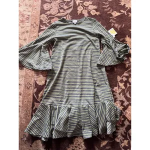 LuLaRoe Carly Dress XXS Green Grey Striped Bell Sleeve Ruffle Hem New With Tags thumbnail 2