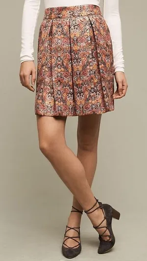 Anthropologie MAEVE Rosie Floral‎ Skirt Pleated Metallic Brocade Pockets Small thumbnail 1