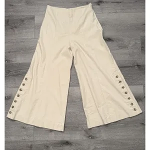 Anthropologie Women's 2 Linen Blend Wide Leg Sailor Pants Cream Side Buttons thumbnail 2