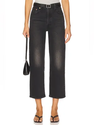 Levi's Ribcage Straight Ankle Jeans Black High Rise Stretch Cropped Denim 28 thumbnail 3