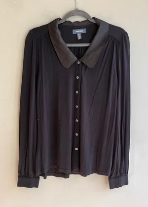 ModCloth Black Button Down Blouse Satin Peter Pan Collar Blouson Long Sleeve M thumbnail 1