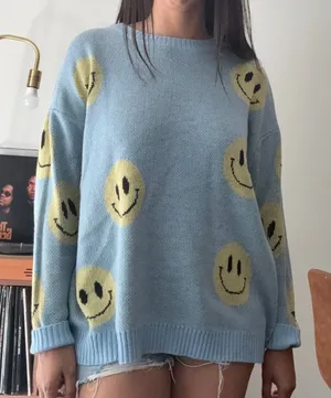Just Polly New York Smiley Face Oversized Knit Sweater Blue 2X JT13385XSML-MA thumbnail 1
