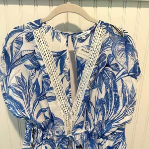 Blue Island Tropical Maxi Cover‎ Up Wmns M Blue White Coastal Crochet Lace Trim thumbnail 3