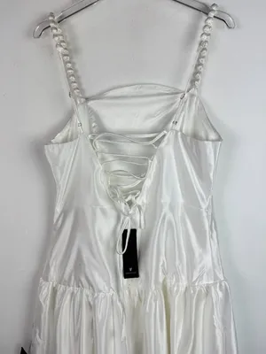 NWT Lulus Modern Adoration White Satin Backless Lace-Up Maxi Dress White Large L thumbnail 10