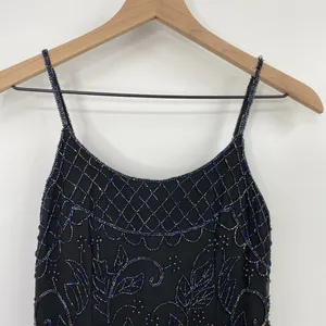 Vintage 90s Pure Silk Beaded Floral Mini Dress Flowy Cocktail Black Womens XS thumbnail 4