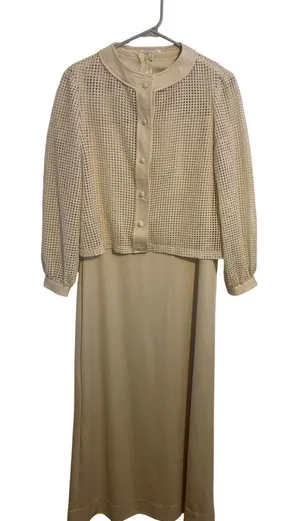 Vintage Cream Gold Metallic Mesh‎ 2 Piece Maxi Dress and Cropped Jacket Set thumbnail 1
