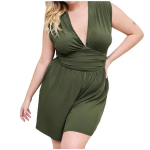 Cider Green Jersey V-Neck Ruched Romper Plus SZ 1XL One piece Casual Wear Shorts thumbnail 4