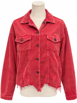 POL Red Corduroy Trucker Jacket Medium Distressed Raw Hem Boho thumbnail 1