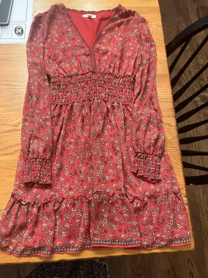 Max Studio Women's Red Floral Smocked Waist Long Sleeve Knee-Length Dress thumbnail 1