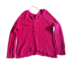Free‎ People Textured V Neck Oversized Sweater Magenta Pink Women's Medium thumbnail 1