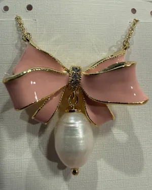 Kendra Scott | Gold Plated & Pink Enamel Bow Necklace with Pearl Drop thumbnail 1