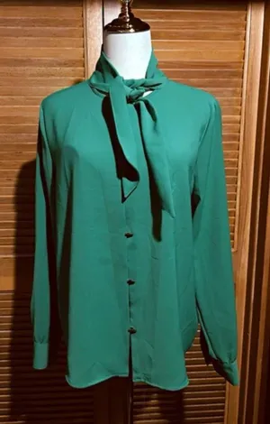 ZARA Green Chiffon Polyester Collared Tie Neck Button Blouse Long Sleeve M thumbnail 1