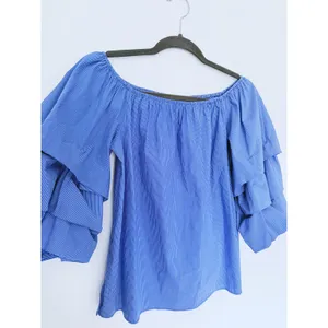 Zara Tiered Ruffle Off Shoulder Top XS Blue Pinstripe Retro European Coastal thumbnail 8