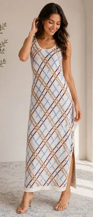 Maeve XL Knit Maxi Dress Plaid Sleeveless Side Slit Viscose‎ Blend Women thumbnail 1