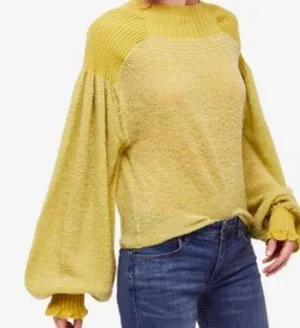 Free People Chartreuse Balloon Sleeve Sweater Cozy Chic Crew Neck Small S thumbnail 1
