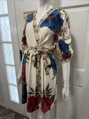 Farm Rio Floral Wrap Midi Dress in Cream with Blue & Red Blooms Size Small thumbnail 6