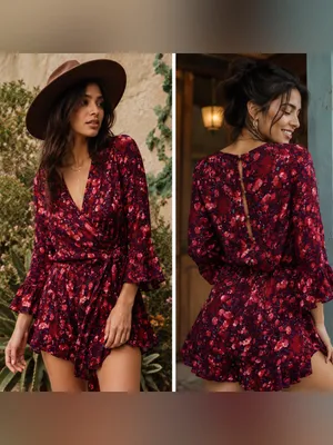 Free People All The Right Ruffles Red‎ Floral Boho Romper thumbnail 2