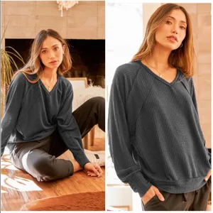 Lulus Chill Time Waffle Knit Long Sleeve Top in Charcoal Grey size M thumbnail 3