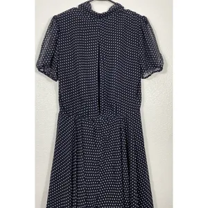 Betsey Johnson Navy Polka Dot Chiffon Puff Sleeve Tie Neck Knee Dress Size 10 thumbnail 7