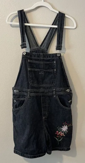 Route 66 Vtg Denim Overall Shorts Black Grey Embroidered Y2K Kid Core Grunge‎ Goth 90s thumbnail 1