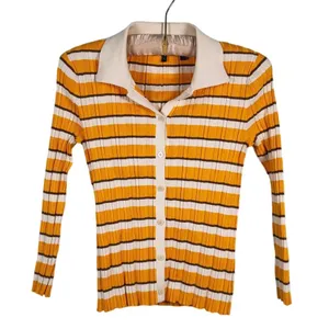 Theory Women Hudson Striped Polo Cardigan Size S Mustard Yellow 70s Preppy Retro thumbnail 2