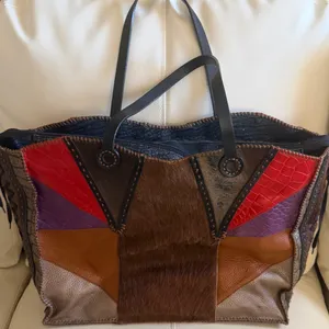 Colorful Patchwork Leather Tote Red thumbnail 1
