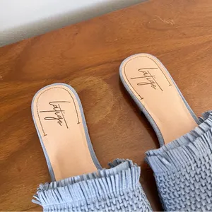 Latigo • Anthropologie Sofie Fringed Slide Sandal woven mules flat blue suede thumbnail 3