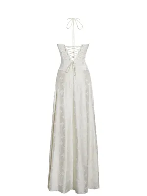 NWT Miss Circle Raegan Pearl White Jacquard Ruched Maxi Dress M thumbnail 10