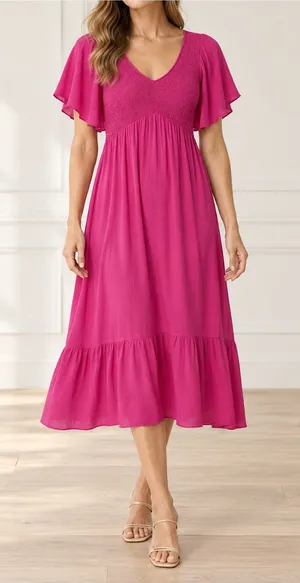 Bohme Saltwater Smocked Midi Dress Large Fuchsia Pink Flutter Sleeve Boho thumbnail 1