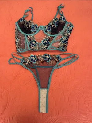 Floral Embroidered Lingerie Set – Teal & Black | Size M thumbnail 7