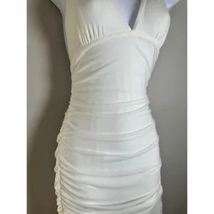 MIYIEONE Women White Ruched Halter Neck Mini Bodycon Dress Ruffle Hem Size S thumbnail 3