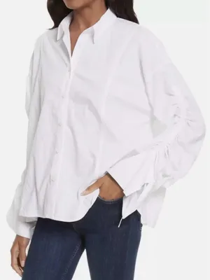 Free People Cotton Brown Eyed Girl White Poplin Ruched Tie Sleeve Shirt S thumbnail 3