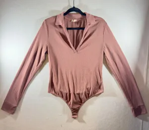 388 | Free People Intimately Ribbed V-Neck‎ Collared Bodysuit Mauve Women XL thumbnail 1