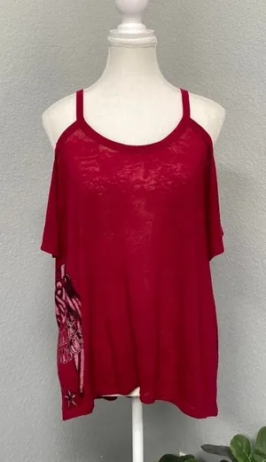 Harley Davidson Cold Shoulder Cutout Top Allover Burnout Flowy High Low Hem Y2k thumbnail 1