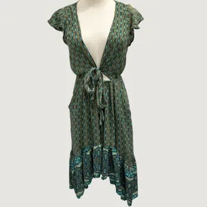 Sea Lustre Sunny Days Lotus Green Teal Boho Tie Front High Low Ruffle Dress S/M thumbnail 2