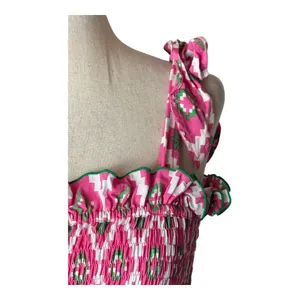 Feather & Find Shirt Women XS Pink Geometric‎ Shiva Boho Luxe Smocked Tie Strap thumbnail 4