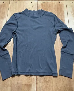 Free People Mock Neck Ribbed Long Sleeve‎ Top Blue Grey Womens Large thumbnail 1