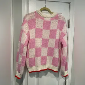 NWT Luna Ivy Size S Pink Cream Check Heart Chunky Knit Long Sleeve Crew Sweater thumbnail 8