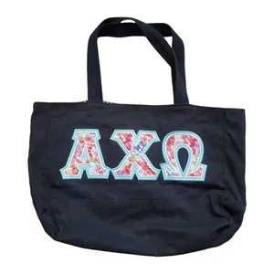 Alpha Chai Omega Tote Bag Black Embroidered Floral Logo Initials Pockets 16"x10" thumbnail 1