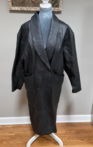 EUC Vintage 90's Y2K Leather Black Trench Coat Jacket Small Button Close Collar thumbnail 1
