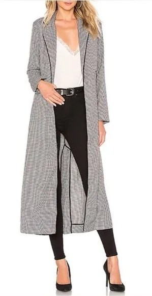 L'Academie Black White Houndstooth Long Trench Coat Women's Small Belted thumbnail 1