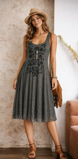 BIYA Darya Mesh Grey Embroidered Dress Womens XS Johnny Was thumbnail 1