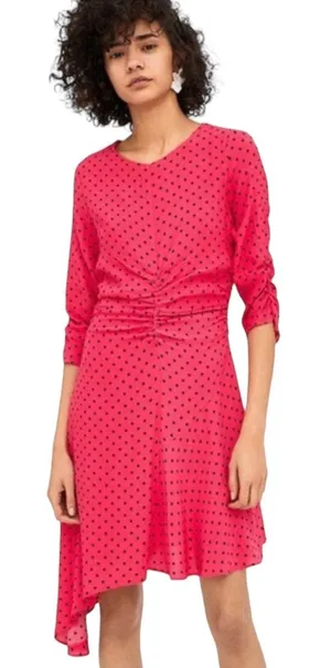 🔥 NWOT Zara Asymmetrical Hem Bright Pink Polka Dot Dress Size XS thumbnail 1