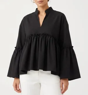 Shein Black Peplum Blouse Notched V-Neck Tiered Bell Sleeve Ruffle Top Large thumbnail 1